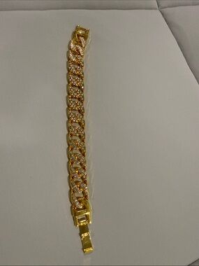 Gold Cuban Link Moissanite Bracelet with Crystal Accents